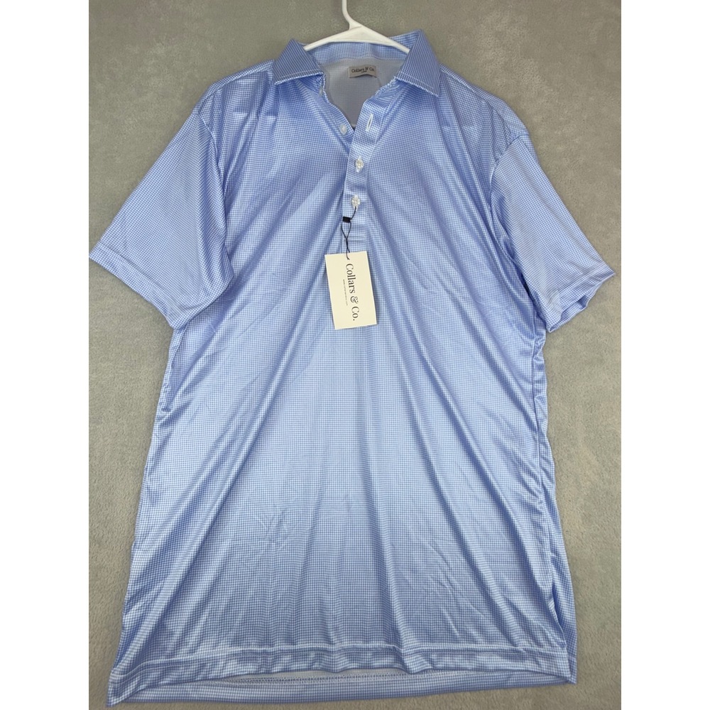 Collars & Co Mens Large Dress Collar Polo Shirt Blue Houndstooth Stretch NWT - Picture 2 of 6